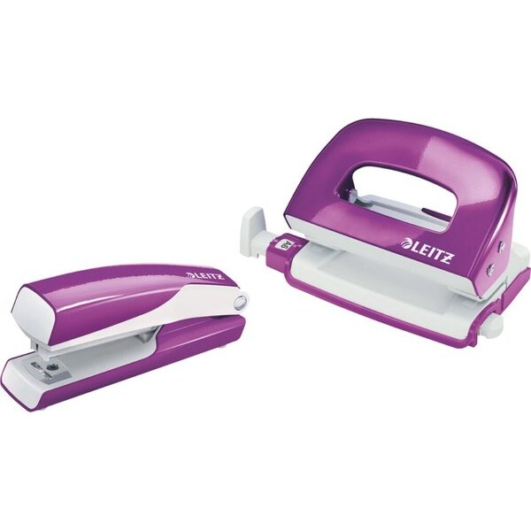 Set-Mini WOW Heftgerät und Locher violett, je 10 Blatt, Heftarten: geschlossen, genagelt; Locher: mit Anschlagschiene