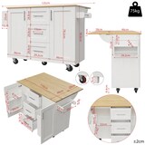 thumbnail of Kücheninsel Rollwagen 135x74x87 cm mit klappbaren Seiten, 3 Schubladen, Handtuchhalter, verstellbaren Trennwänden, Weiß, MDF+Metall