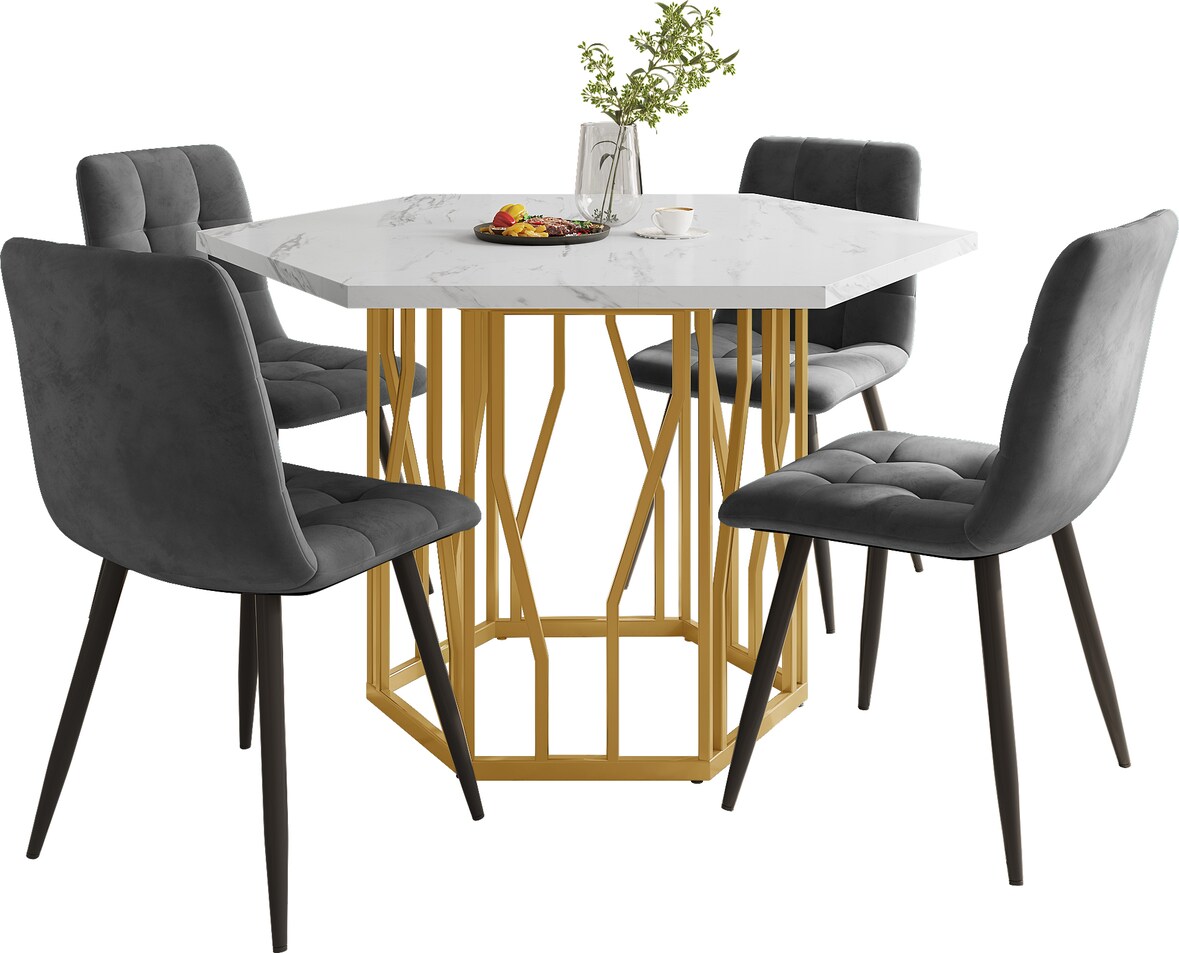 Esstisch sechseckig Weiß+Gold 116x100x75 cm MDF in Marmoroptik mit Stahlgestell, pflegeleichte Tischplatte, modernes Design