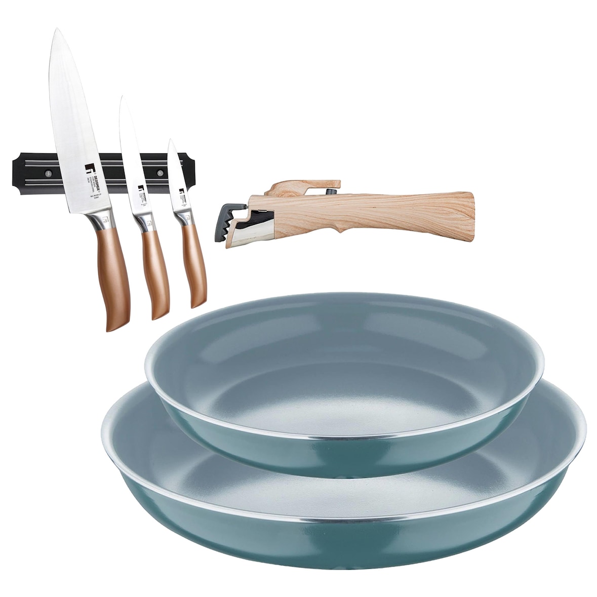BERGNER - Set 2 Pfannen Ø22/26cm gepresstes Aluminium Grün geeignet für Induktion mit abnehmbarem Griff mit Set 3 Edelstahlmessern mit magnetischer