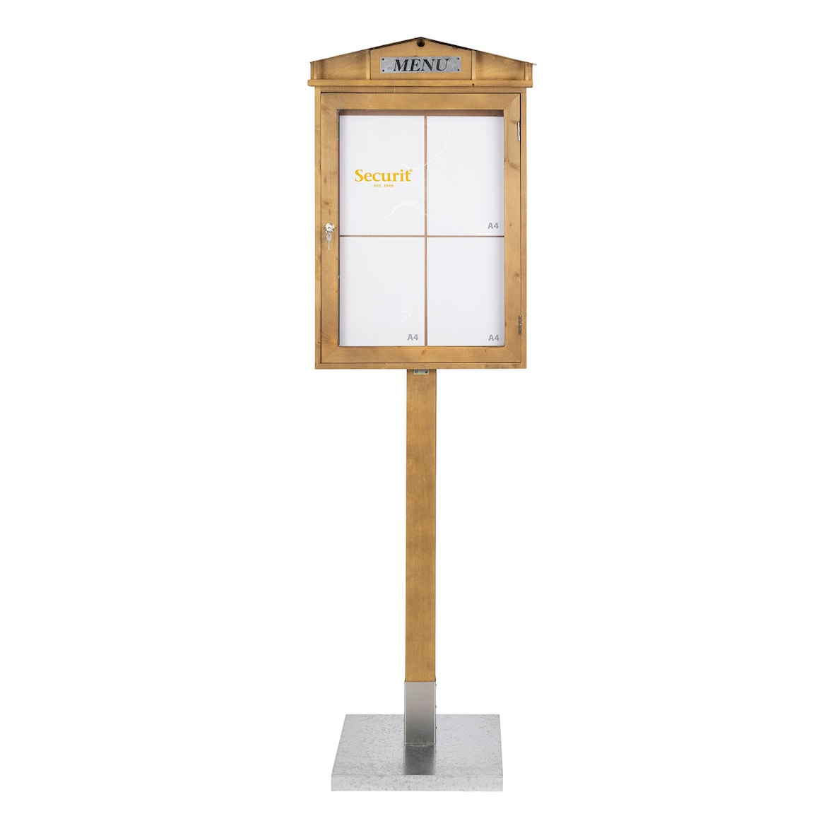 Securit® Présentoir porte-menu LED A4 "Rustic" - Acajou - Ensemble complet avec pied + socle - 4 vues - Fin de série