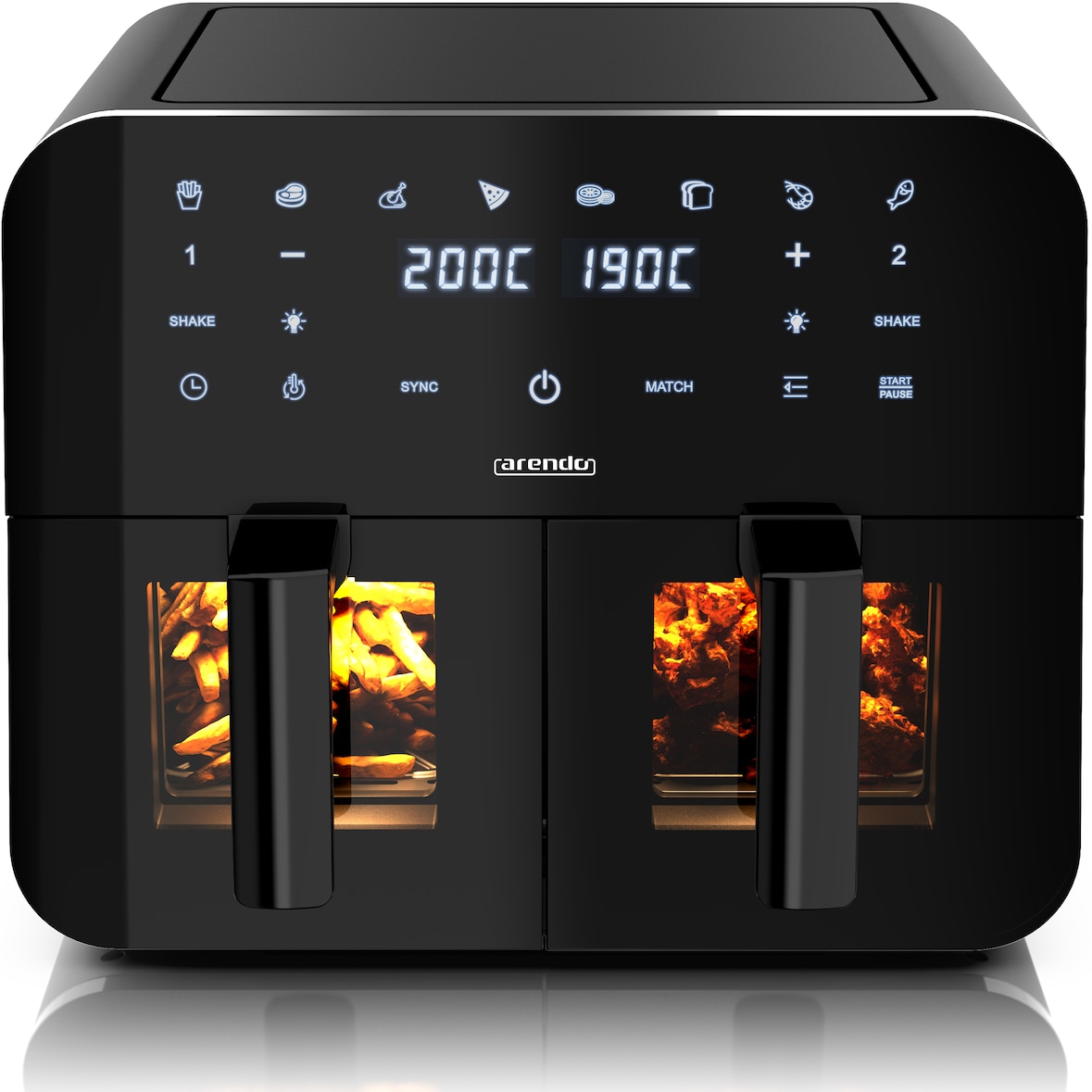 Arendo Heißluftfritteuse XXL, Doppelkammer Airfryer 9 L, Dual Zone, Sichtfenster mit Beleuchtung, 2400 W, Zubehör, Touchscreen, 3D Umluftsystem