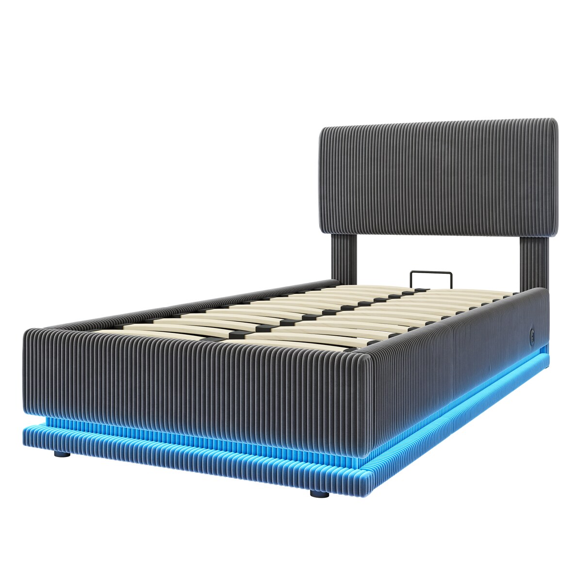 Merax Einzelbett 90x200, Polsterbett mit LED & USB-C, höhenverstellbarem Kopfteil & Unterbett-Stauraum, Cord, Grau