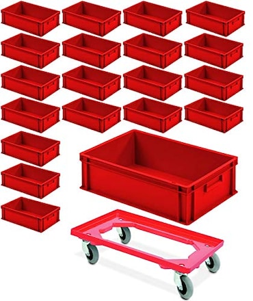 Produktbild von BRB 20x Eurobehälter 600x400x175 Mm In Blau + Transportroller Mit Flüsterrollen – 250 Kg Tragkraft