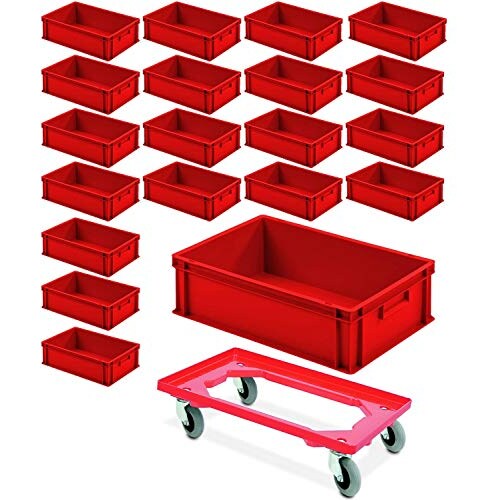 20 Eurobehälter mit 2 Griffleisten, 600x400x175 mm, rot + Flüsterrollenroller