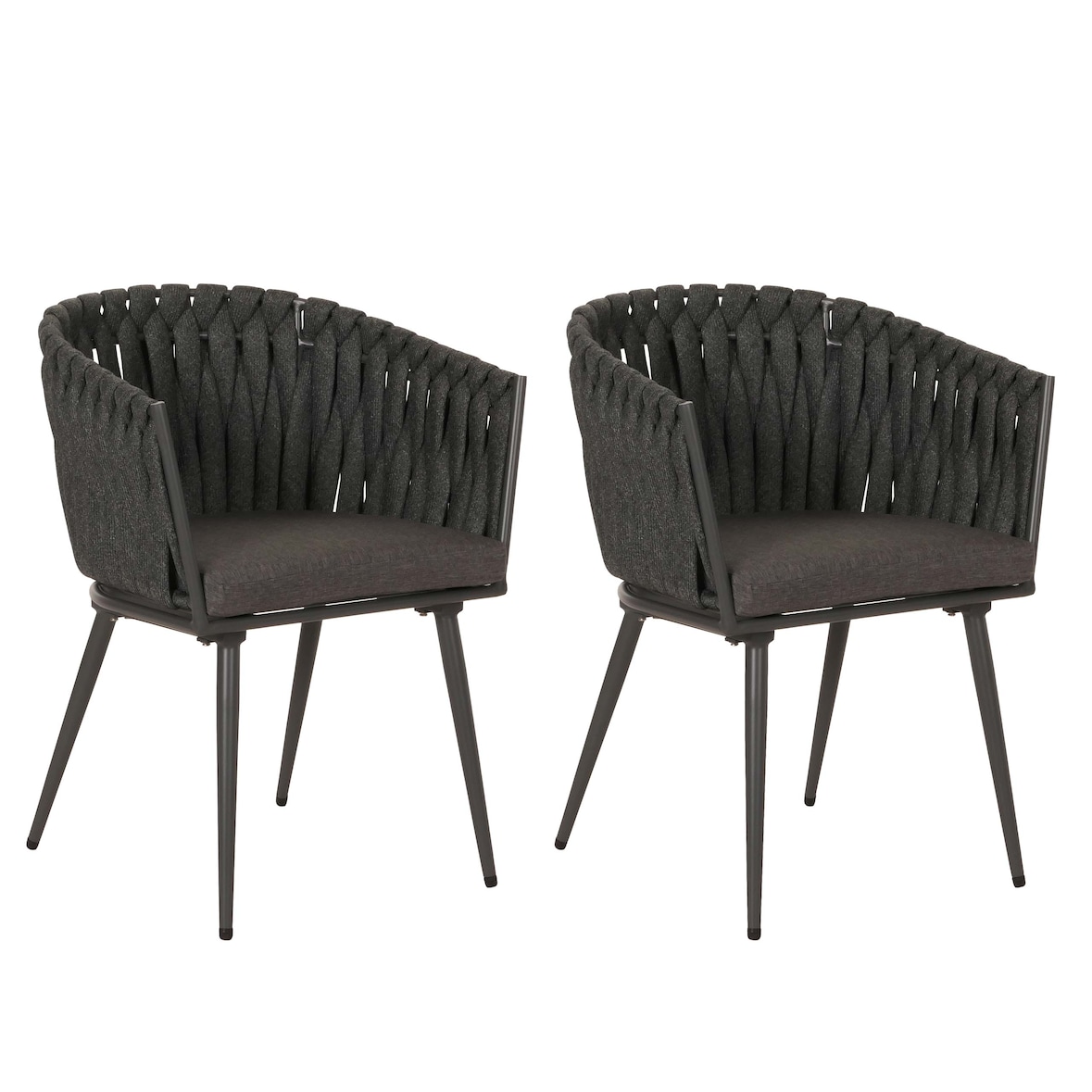 2er-Set Aluminium-Gartenstuhl HWC-N38, Outdoor Stuhl Armlehne, Olefin Seilgeflecht Rope ~ anthrazit Kissen dunkelgrau