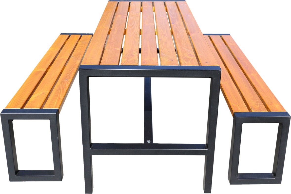 METRO Professional Conjunto mesa y 2 bancos para picnic, acero / madera de pino FSC, 180 x 70 x 74 cm, resistente a la intemperie, marrón /negro