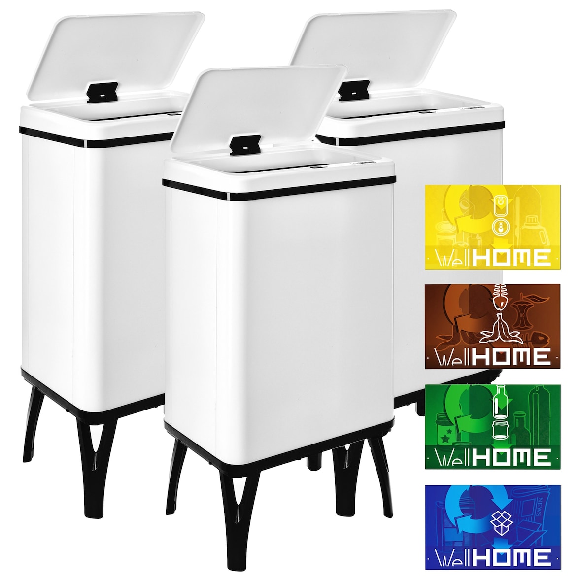 WellHome - Conjunto de 3 Caixotes do lixo Inteligentes 40L cor Branco com Etiquetas Magnéticas 35,5x36x71,5 cm