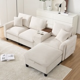 thumbnail of Modernes L-Form Ecksofa 229x149x83 mit USB-Anschluss und Stauraum – Komfortables Sofa mit Kissen und Hocker, Beige