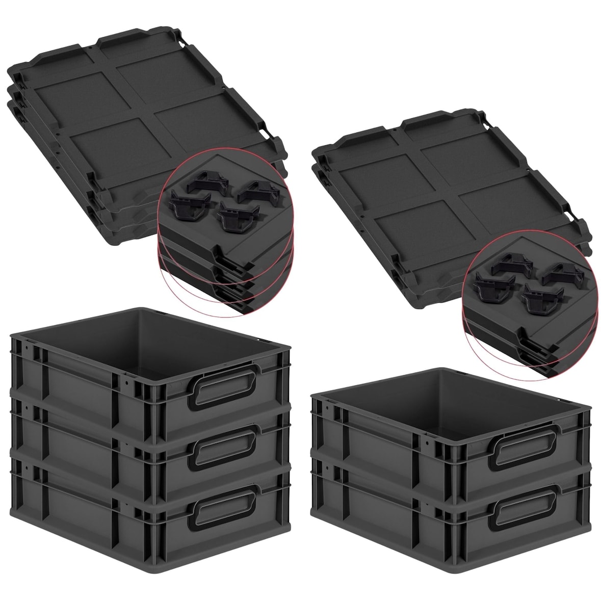 PROREGAL SparSet 5x Eurobox NextGen Color mit Auflagedeckel & Verschlüsse, HxBxT 12x30x40cm, 11L, Schwarz, Griffe schwarz zu, Eurobehälter