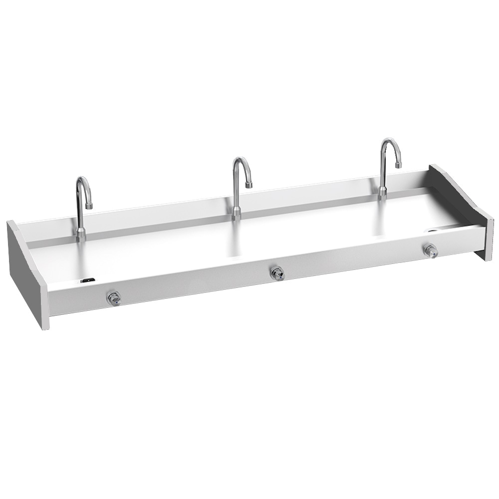 Collectieve handwasbak met koude-warme mengen 3 drukknoppen en kraanen - 1500x450x190 mm - 20834160 Eurast