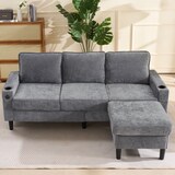 thumbnail of L-förmiges Ecksofa 202x137x80 cm mit Fußhocker, Getränkehaltern, USB, Stauraum, Holz- & Eisenrahmen, Leinenstoff, modern, komfortabel, Grau