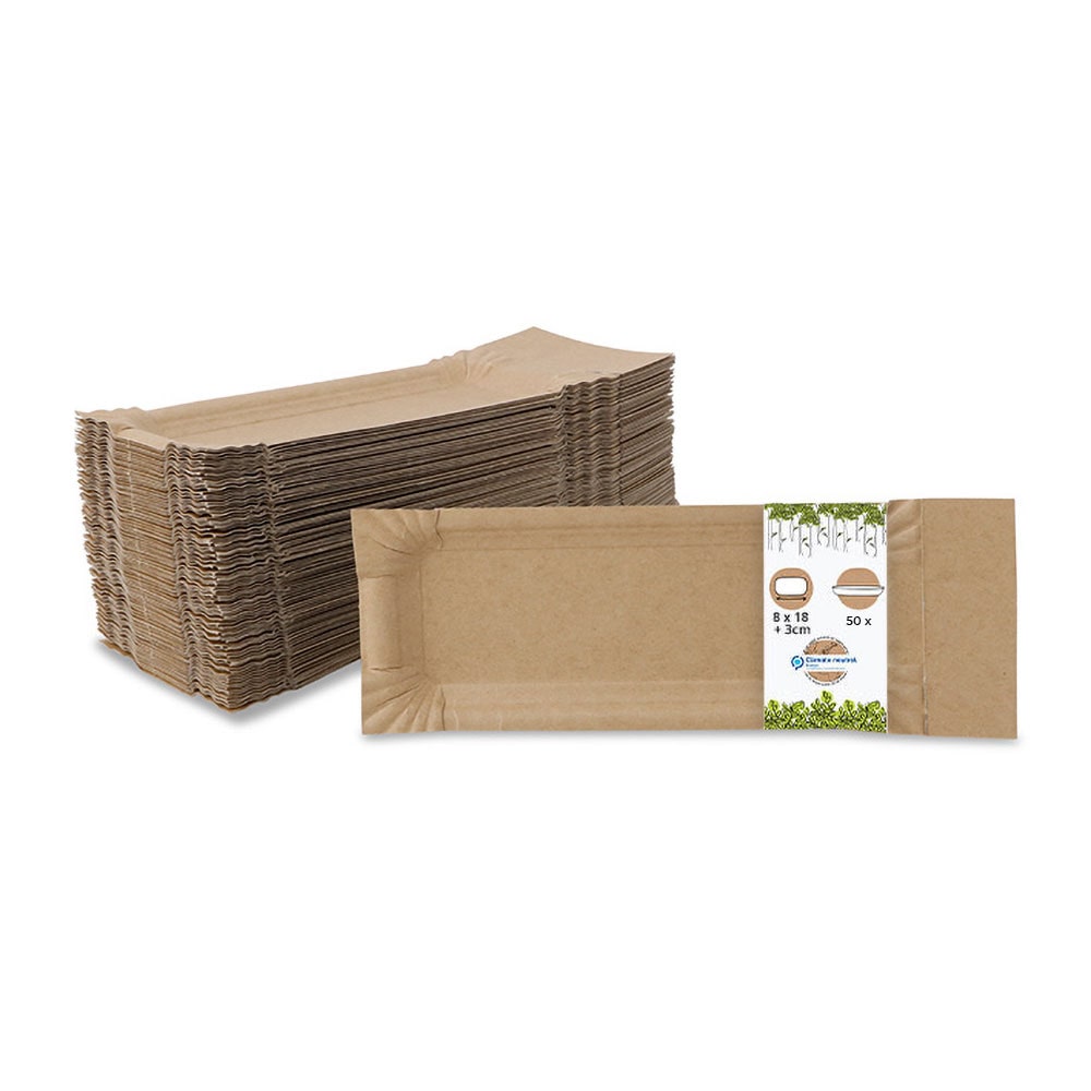 BIOZOYG 50 Stück Einwegteller Wurstpappe 8x18+3cm, Pappteller rechteckig mit Abriss, braun, Pappteller Bratwurstschale Pappgeschirr, nachhaltig