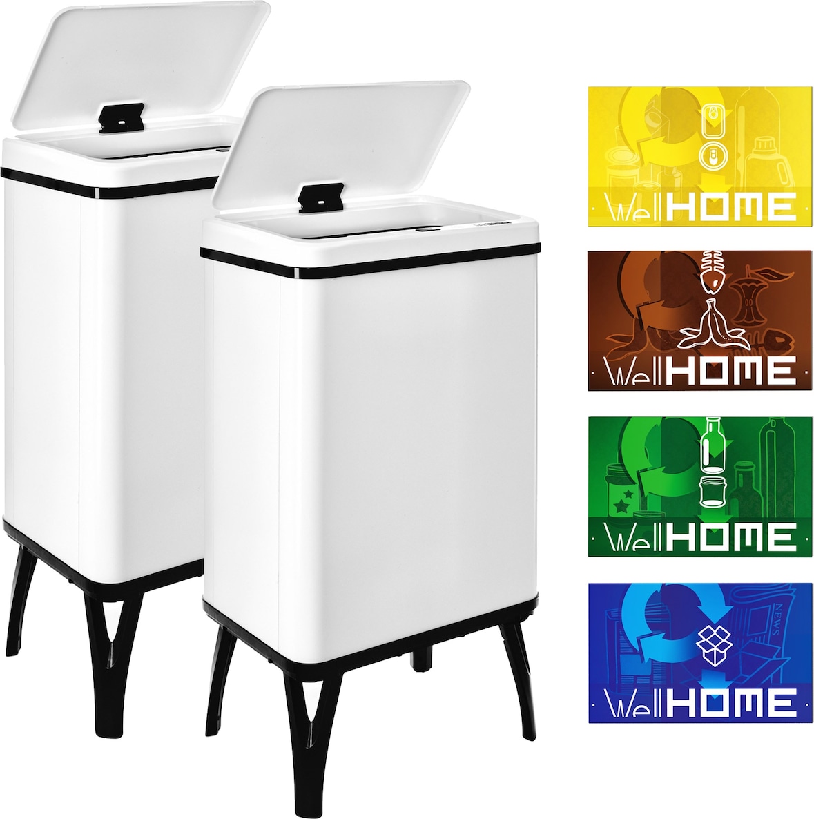 WellHome - 2er-Set Intelligenter Mülleimer 40L in Weiß mit Magnetetiketten 35,5x26x71,5 cm