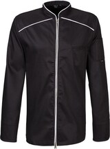 thumbnail of 220 - Kochjacke langarm, 2-wege RV, Fb. schwarz mit farbiger Paspel : weiß 65% Polyester 35%Baumwolle 220 g/m² 3XL