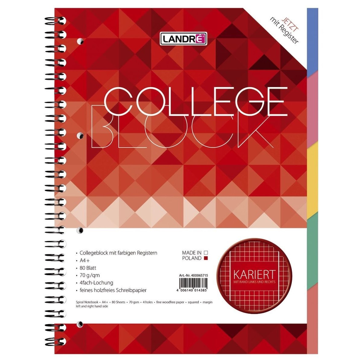 Collegeblock mit Register - A4+, kariert, 70 g/qm, 80 Blatt