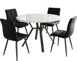 thumbnail of Essgruppe rund 100x100x75 cm Tisch MDF Marmoroptik mit Metallgestell Schwarz+Weiß, 4 Polsterstühle Wildlederoptik Schwarz, modern und platzsparend