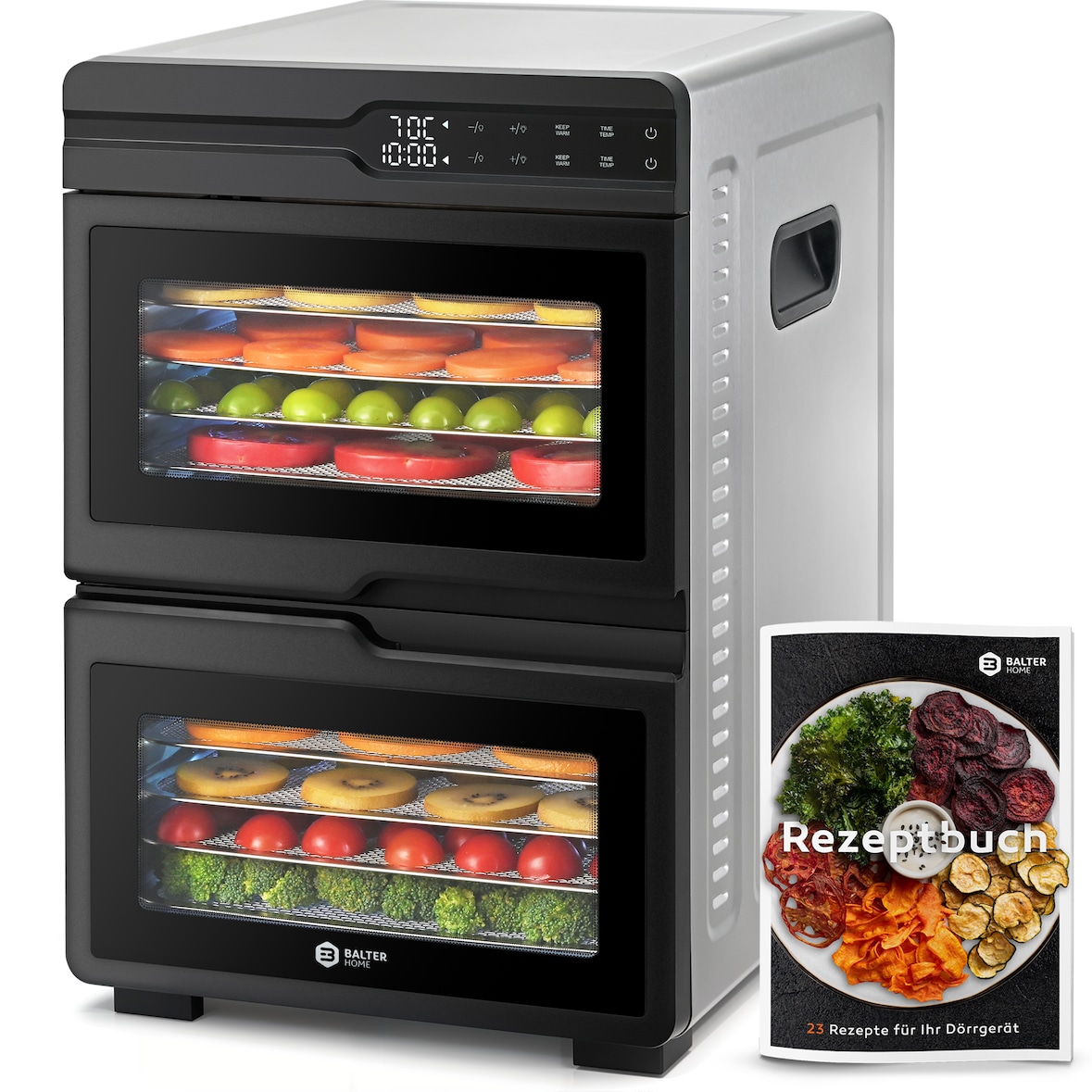 Balter Dörrautomat Edelstahl mit 2 Kammern & 12 Etagen, 1000 W, BPA-frei, 35–75 °C, Timer, Warmhaltefunktion, Dörrgerät, Dehydrator, Obsttrockner