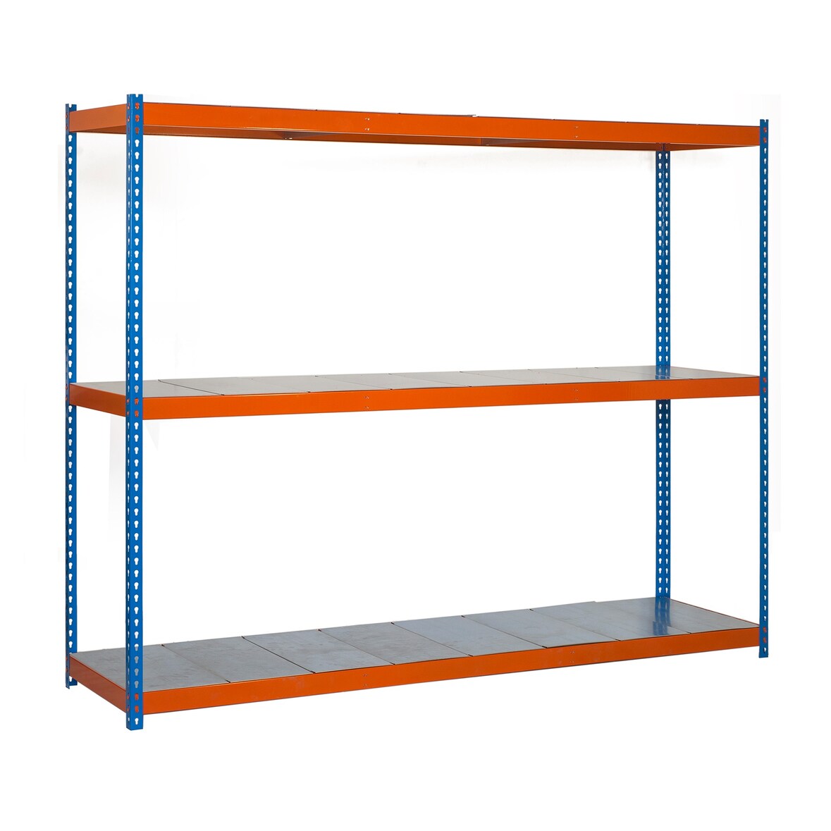 SimonRack Industrieregal, 2000x2400x450 mm, 400 kg am Biegepunkt, 3 Metallböden, Garagenregal, Blau/Orange/Verzinkt- Simonforte