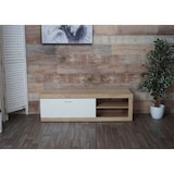 thumbnail of TV rack HWC-L33, TV board TV table lowboard TV cabinet chest of drawers, madera 43x140x41cm compartimento de almacenaje, aspecto roble, blanco