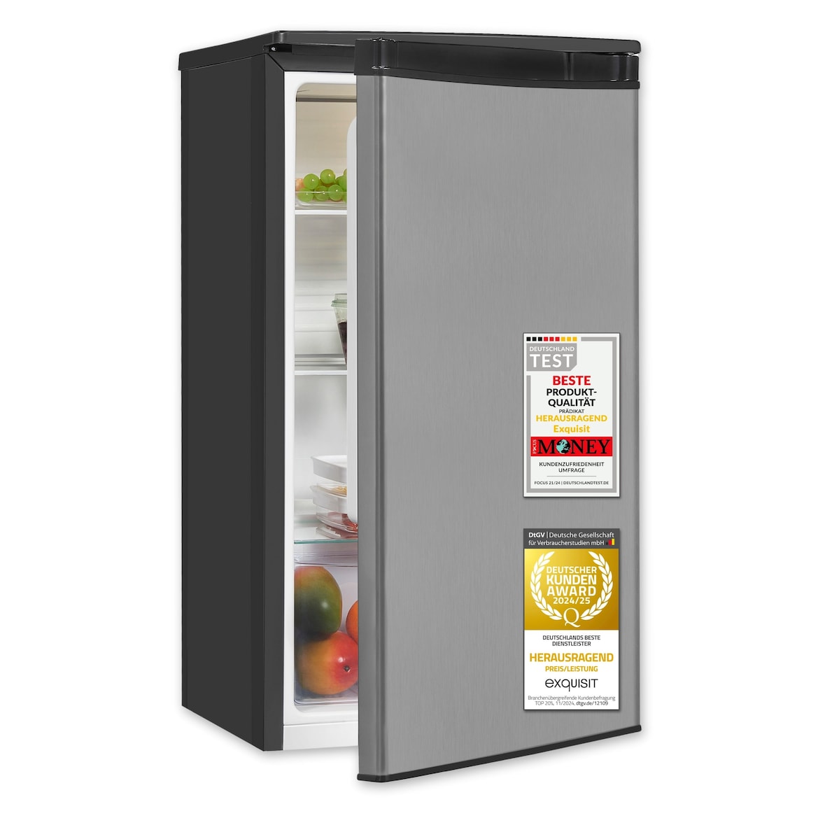 Exquisit Vollraumkühlschrank 75 Liter, Freistehend, Kühlschrank klein und kompakt, 45cm Breit, LED-Innenbeleuchtung, KS585-V-091E inoxlook