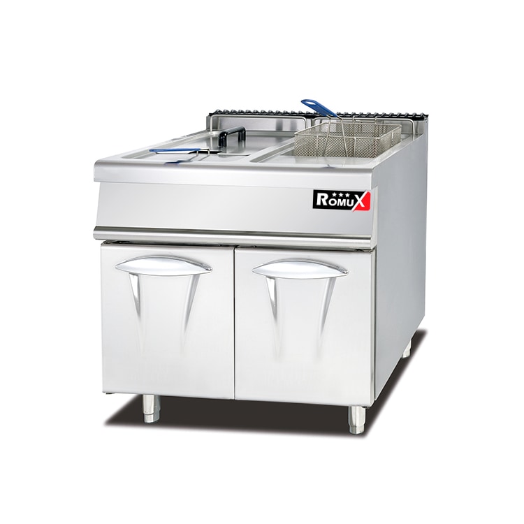 Romux® Friteuse À Gaz Butane Professionnelle 28+28 Litres Double sur Coffre avec Minisit | Friteuse en Acier Inox avec Robinet de Vidange 20000 W