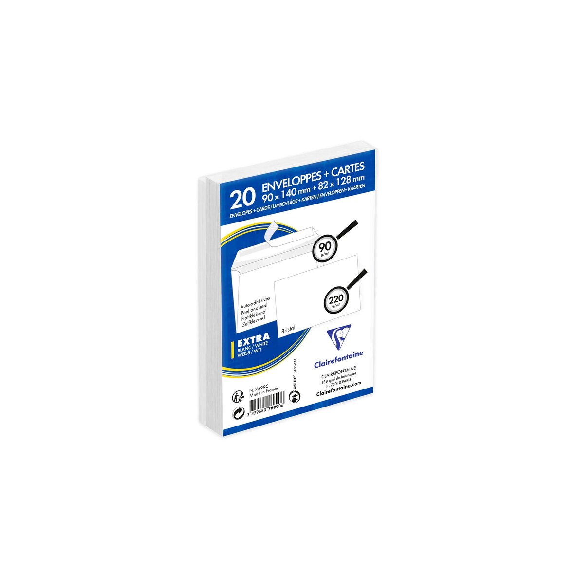 Clairefontaine 10x Set mit 20 Umschlägen haftklebend 90x40mm + 20 Karten 82x128mm - Weiß 7699C