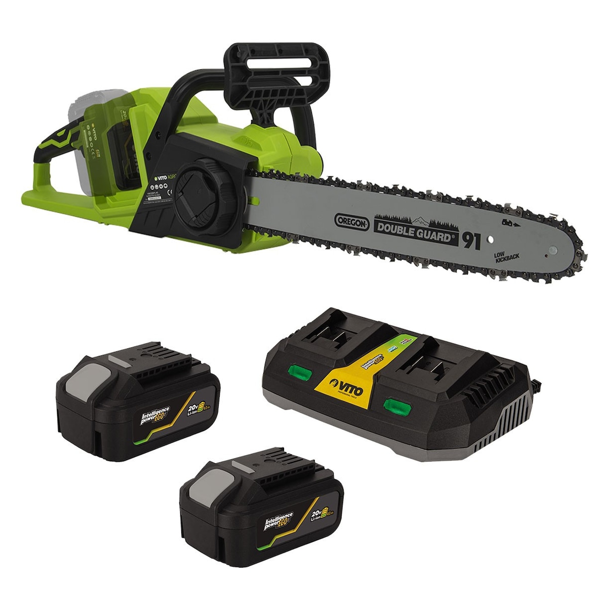 Tronçonneuse sans fil 40V 2 batteries lithium 4Ah Guide Oregon lame 35 cm + Chargeur double Rapide Moteur brushless VITO