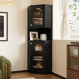 thumbnail of Badschrank Eckschrank Schwarz 167x45x45 cm mit integrierter Lichtleiste Glastür offenen Fächern verstellbaren Einlegeböden Kippschutz MDF