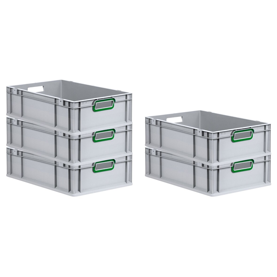 PROREGAL 5x Eurobox NextGen Color | HxBxT 17x40x60cm | 34 Liter | Griffe grün offen | Glatter Boden | Eurobehälter