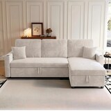 thumbnail of Kombinationssofa aus Cordstoff Beige, ausziehbar als Schlafsofa, mit Stauraum, USB/Type-C, Becherhaltern und Tisch