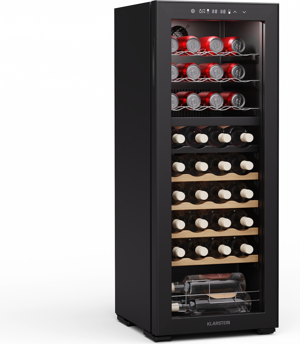 Klarstein Bovella 36 Duo+ Weinkühlschrank | 2-in-1 | 36 Flaschen | 2 Zonen | 7 Regale | Touch Schwarz