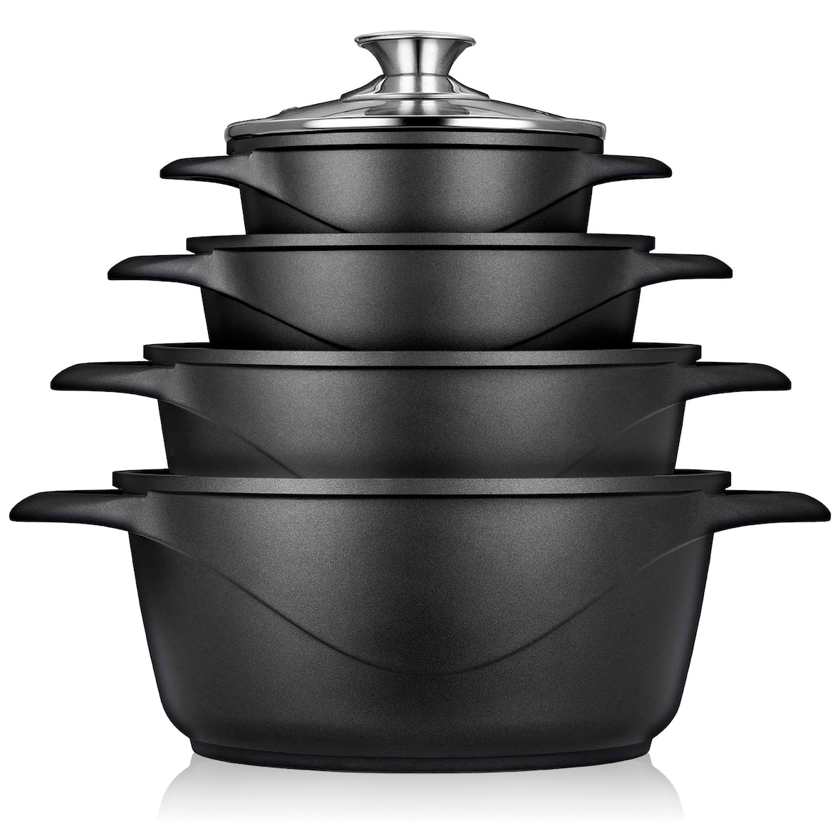 Briebe MGK-12 Kochtopf Set Induktions 8-Teilig Aluminiumguss 4 Kochtöpfen  4 Glasdeckel, Schwarz