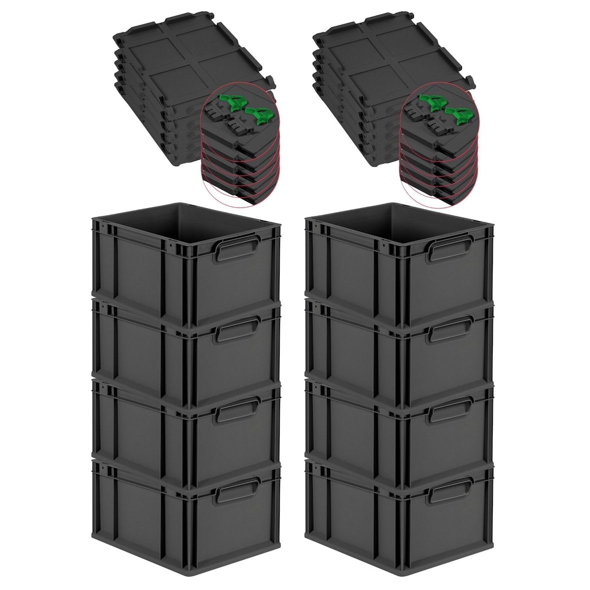 PROREGAL SuperSparSet 8x Eurobox NextGen Grip mit Scharnierdeckel & grünen Verschlüssen, HxBxT 22x30x40cm, 20L, Schwarz, Griffe zu, Eurobehälter