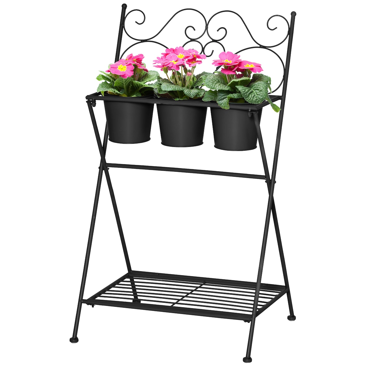 Outsunny Portapiante Scaffale in Metallo Pieghevole, Set Vasi per Piante con Ripiano per Casa e Giardino, 47x37x78.5cm, Nero