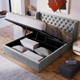 thumbnail of Polsterbett 140x190 mit hydraulischem Bettkasten, Lattenrost und Nieten-Details – elegantes Design, hoher Komfort, zusätzlicher Stauraum, Grau