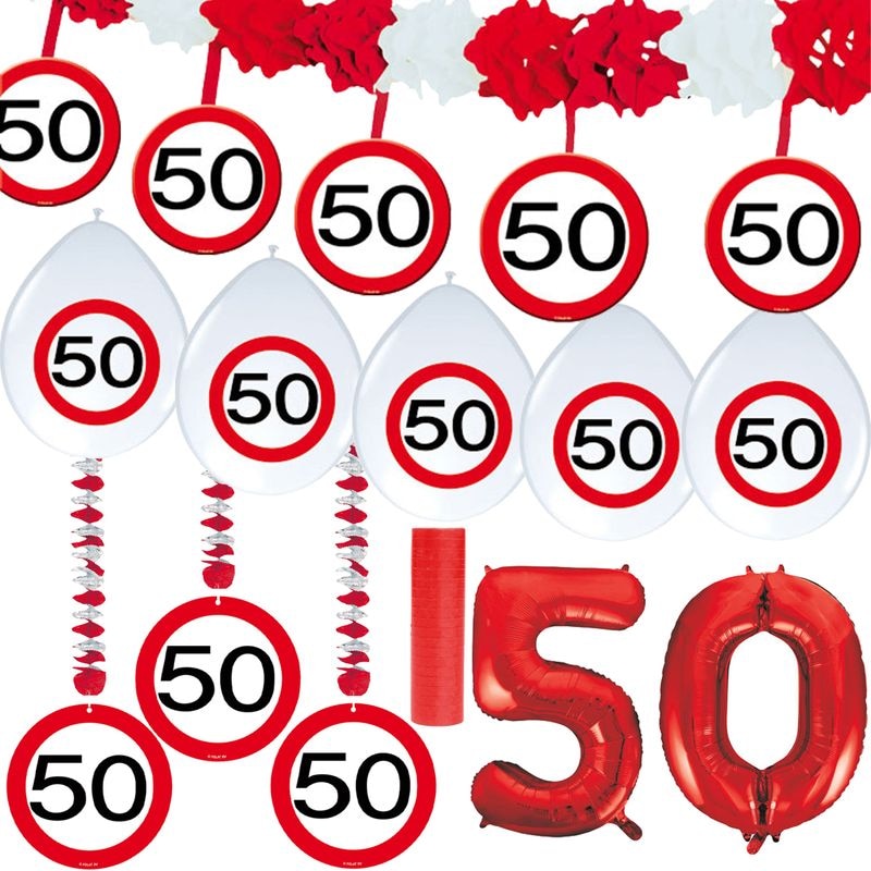 50. Geburtstag Verkehrsschild Party Deko Set rot weiß Mann Frau Partyset