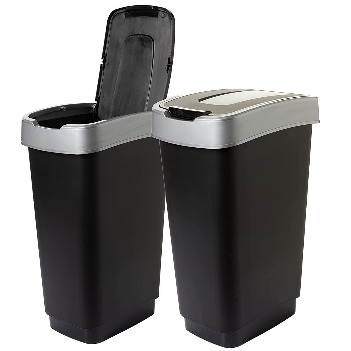 Abfalleimer mit Deckel (2er Set) 25L 46,5 x 25 x 33,5 cm mit Schwingdeckel - Schwarz/Silber