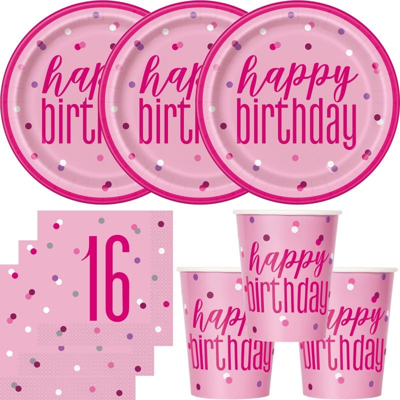 16. Geburtstag Partyset Einweggeschirr rosa pink 48 tlg. Partygeschirr Teller Becher Servietten