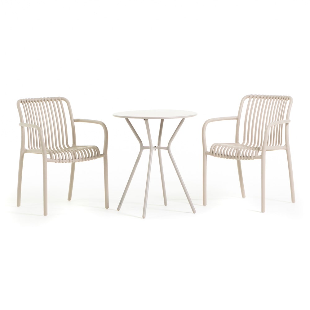 Set balcon avec table ronde en métal, 2 chaises en polypropylène avec accoudoirs empilables, gain de place pour jardin - Nathan+Simona/Sable