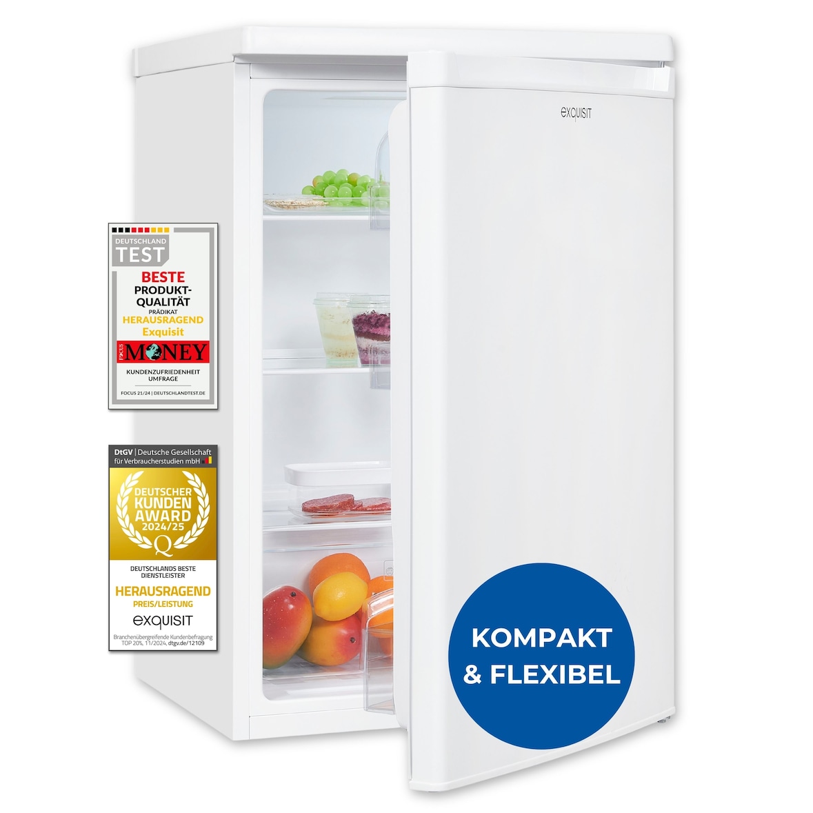 Exquisit Kühlschrank ohne Gefrierfach, 127 Liter, 55 cm Breit, Freistehend, Kompakt, Temperaturregelung, LED-Licht, KS516-V-040E weiss