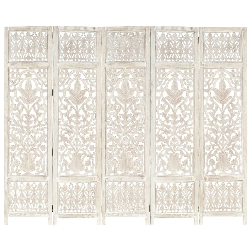 vidaXL 5-delig kamerscherm handgesneden wit 200×165cm massief mangohout