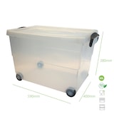 thumbnail of Boîte Eurobox transparente de 60 litres avec roulettes et couvercle.