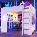 thumbnail of Hochbett 140x200 mit Schreibtisch, LED-Beleuchtung, USB/Typ-C-Anschlüssen, Stauraum, Kiefernholz-MDF, praktisch, modern, weiß