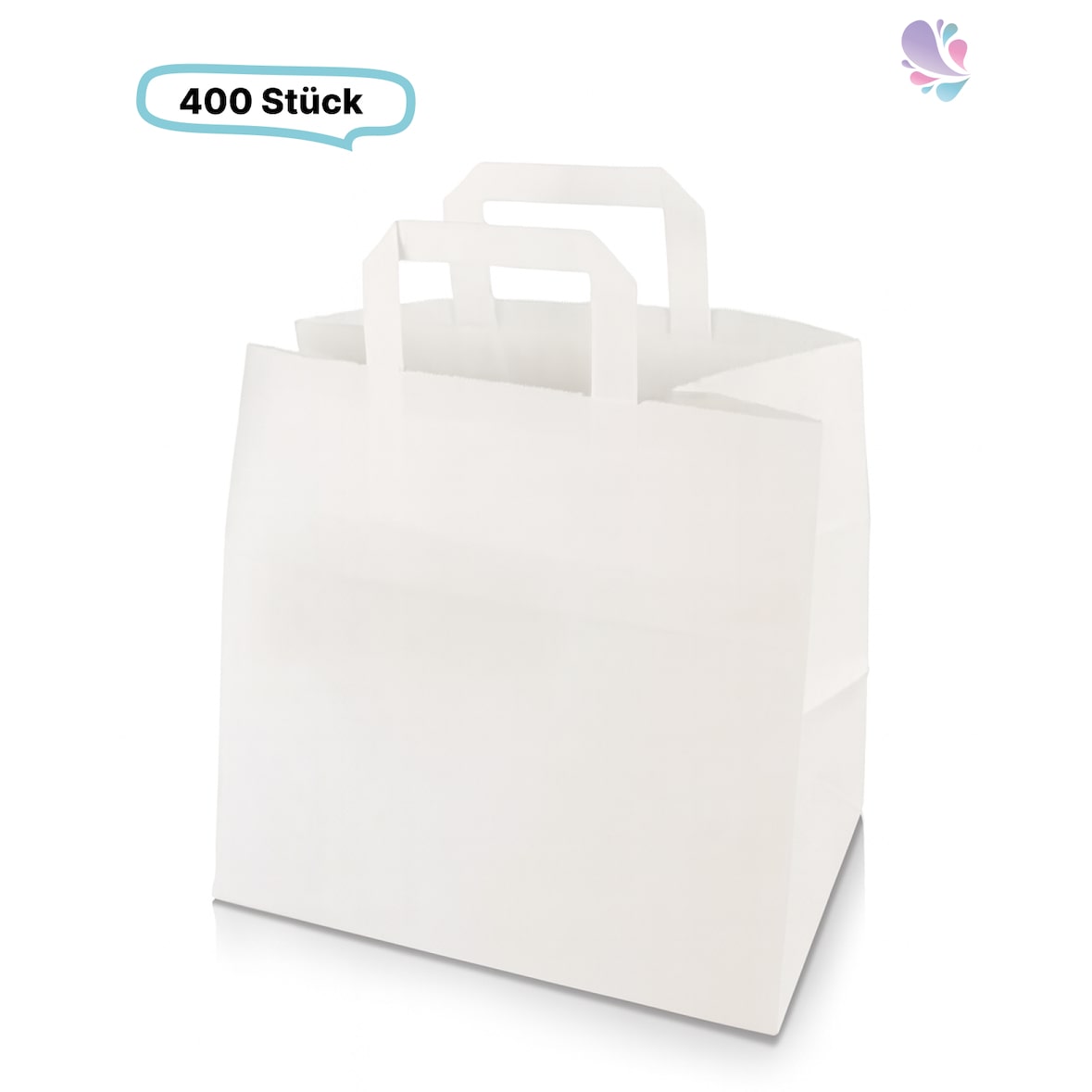 Papiertüten, Papiertaschen, Papiertragetaschen weiß, flacher Henkel 400 Stück, umweltfreundlich