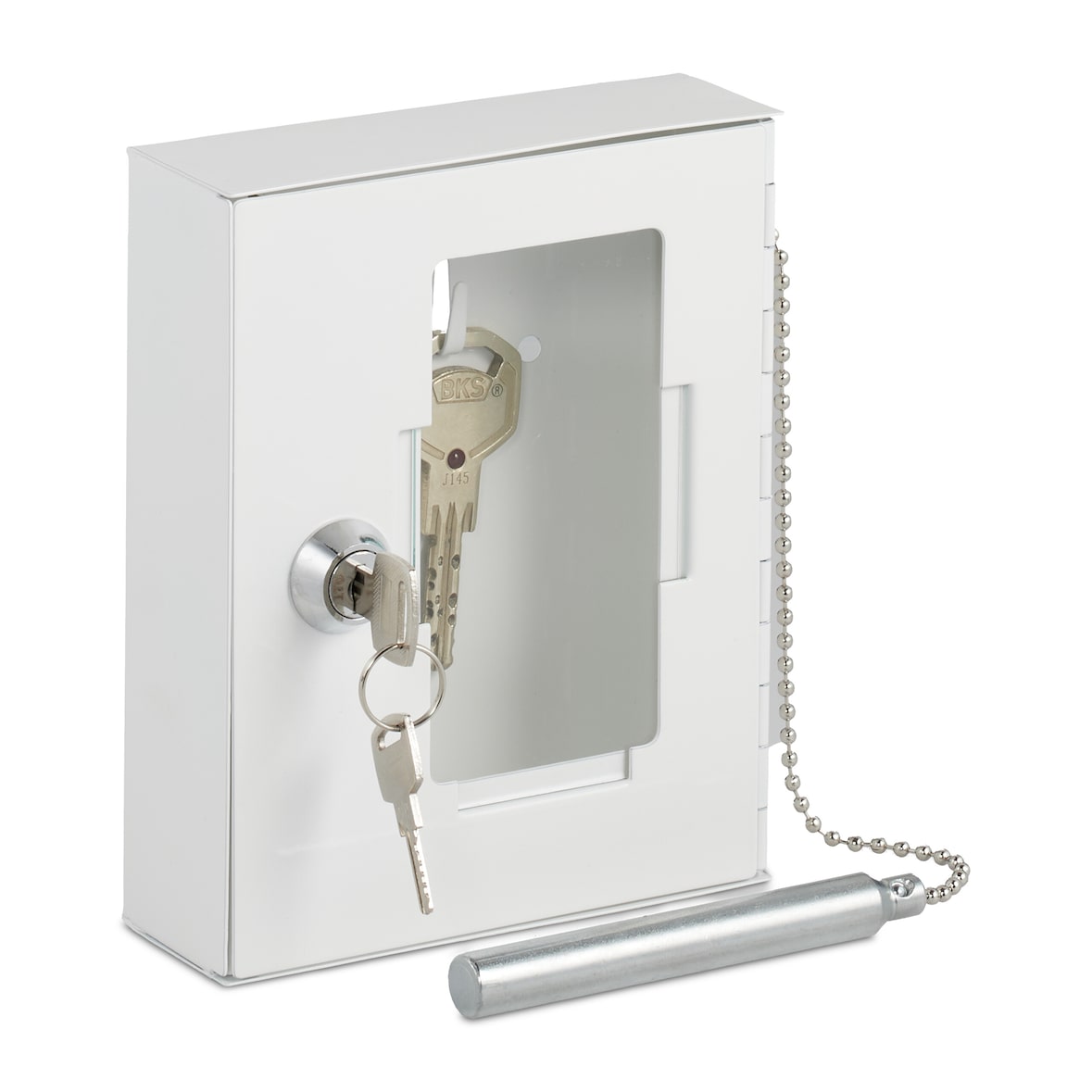 Relaxdays Notschlüsselkasten mit Glasscheibe, Hammer & Schlüssel, abschließbar, Metall, Notschlüsselbox, Notkasten, weiß