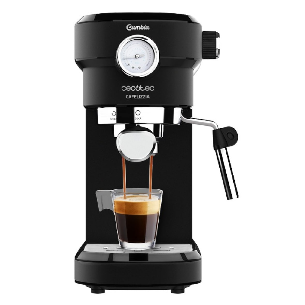 Cecotec Cafelizzia 790 Black Pro Espressomaschine mit 20 Bar, Thermoblock, Manometer und Dampfrohr.