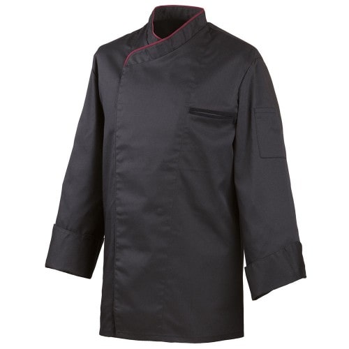212 - Kochjacke langarm, mit Druckknöpfen, Fb. schwarz, mit farbiger Paspel : bordeaux 65% Polyester 35%Baumwolle 220 g/m² L