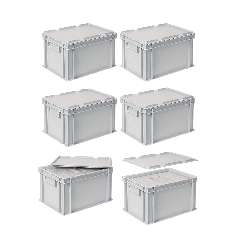 Set, 6x EPS Thermobox 10,4 Liter in Eurobox 400x300 mm grau mit Auflagedeckel