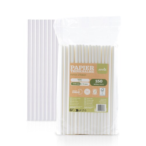 Trinkhalm in Weiß aus Papier, Ø 8 mm / 23 cm, 150 Stück in Folienbeutel